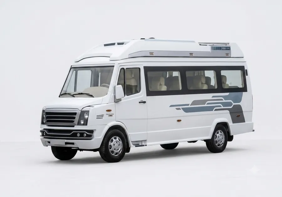Force Tempo Traveller minibus, front view, for Kerala taxi and tour hire