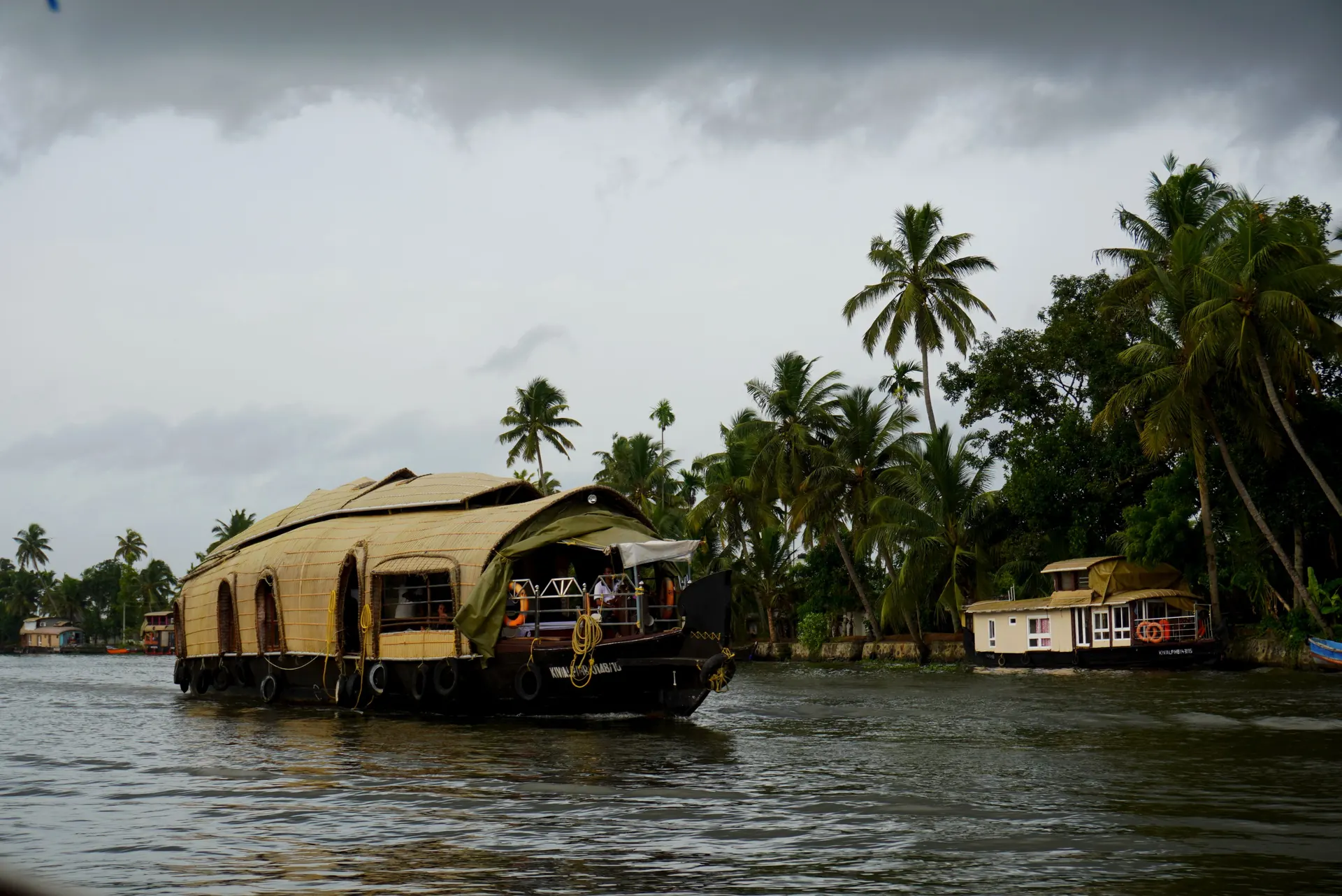 Traditional Kerala houseboat cruising the Alappuzha backwaters past coconut palms