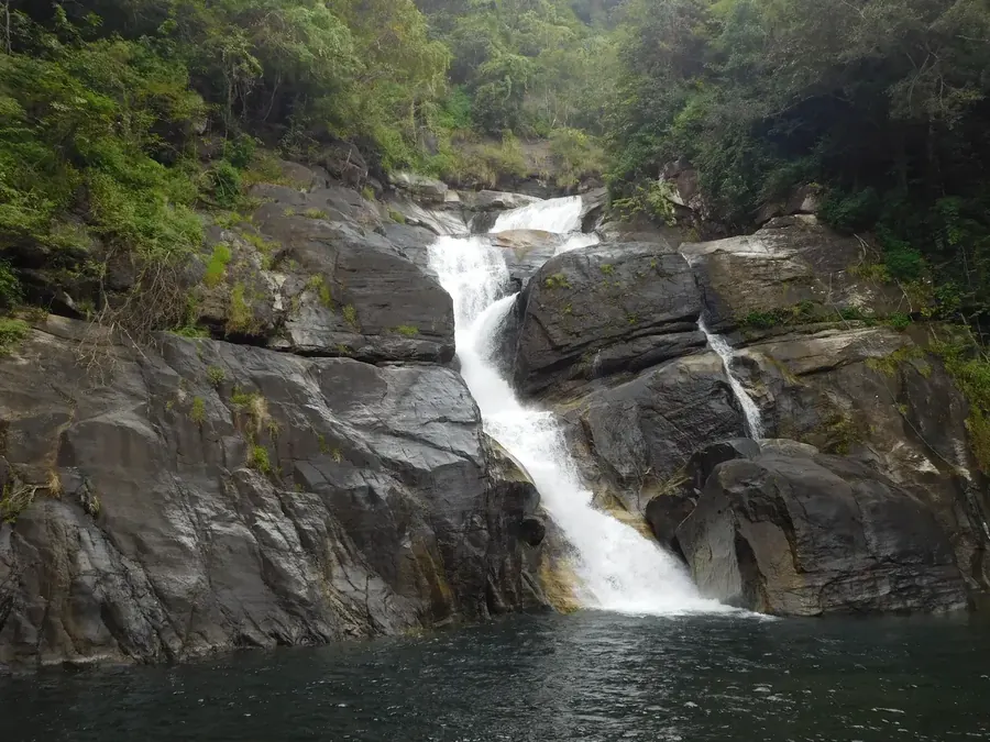 Waterfall cascading through dense green forest in Wayanad, Kerala