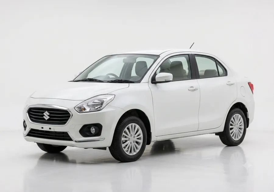 white Maruti Suzuki Dzire sedan, front view, for Kerala taxi and tour hire